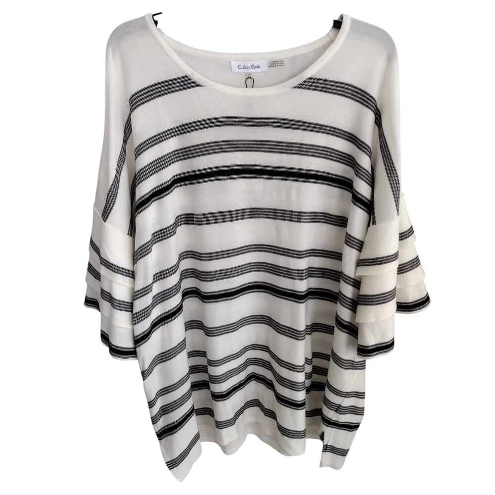 Calvin Klein NEW Black & White Striped Tiered Ruffle 1/2-Slv Pullover Sweater 2X